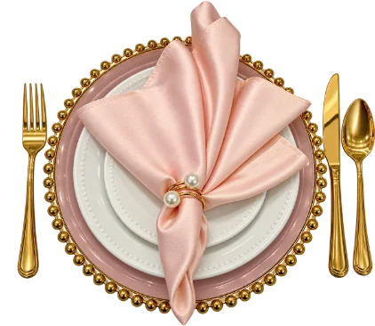 Napkin with ring, cutlery, charger, dinner & dessert plate 
